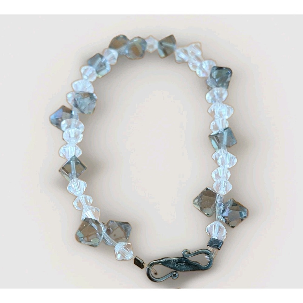 Vintage 925 Sterling Silver Clear Grey Crystal Bicone Beaded Bracelet